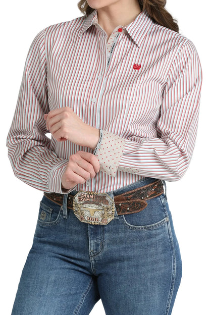 Cinch Ladies White Striped LS Shirt  MSW9165090