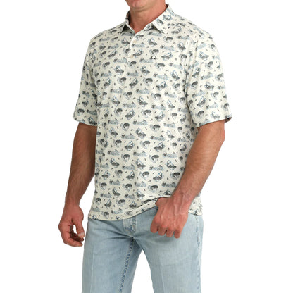 Cinch Men's Arenaflex Cream Fish Print Polo MTK1865047