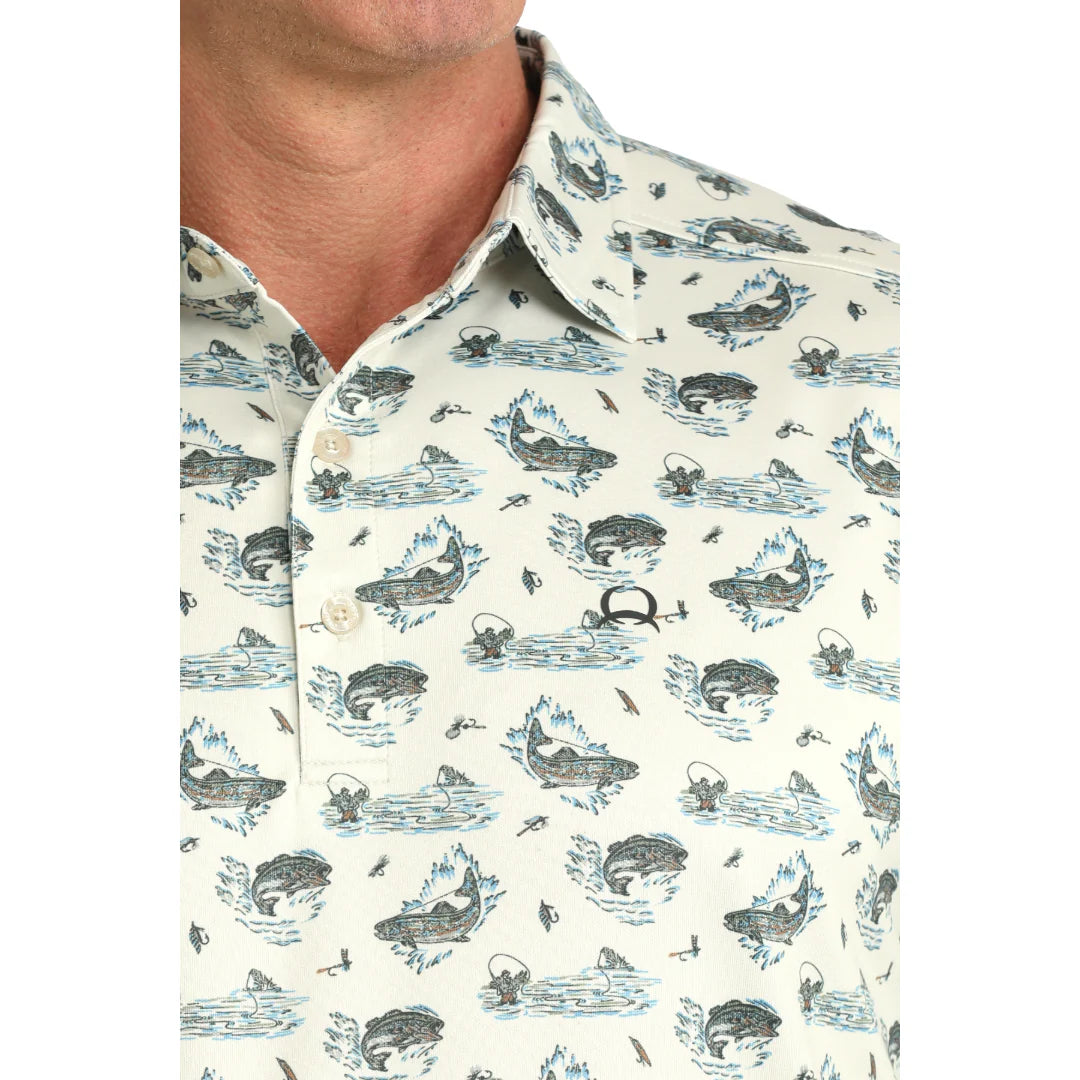 Cinch Men's Arenaflex Cream Fish Print Polo MTK1865047