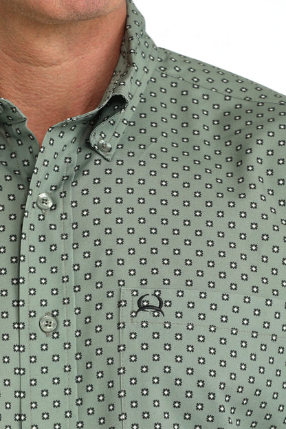 Cinch Men's ArenaFlex Olive Green Geo Print Button SS Shirt MTW1704176