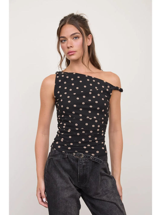 The Workshop Women’s Polka Dot Asymmetrical Twist Detail Mesh Knit Top TW2244