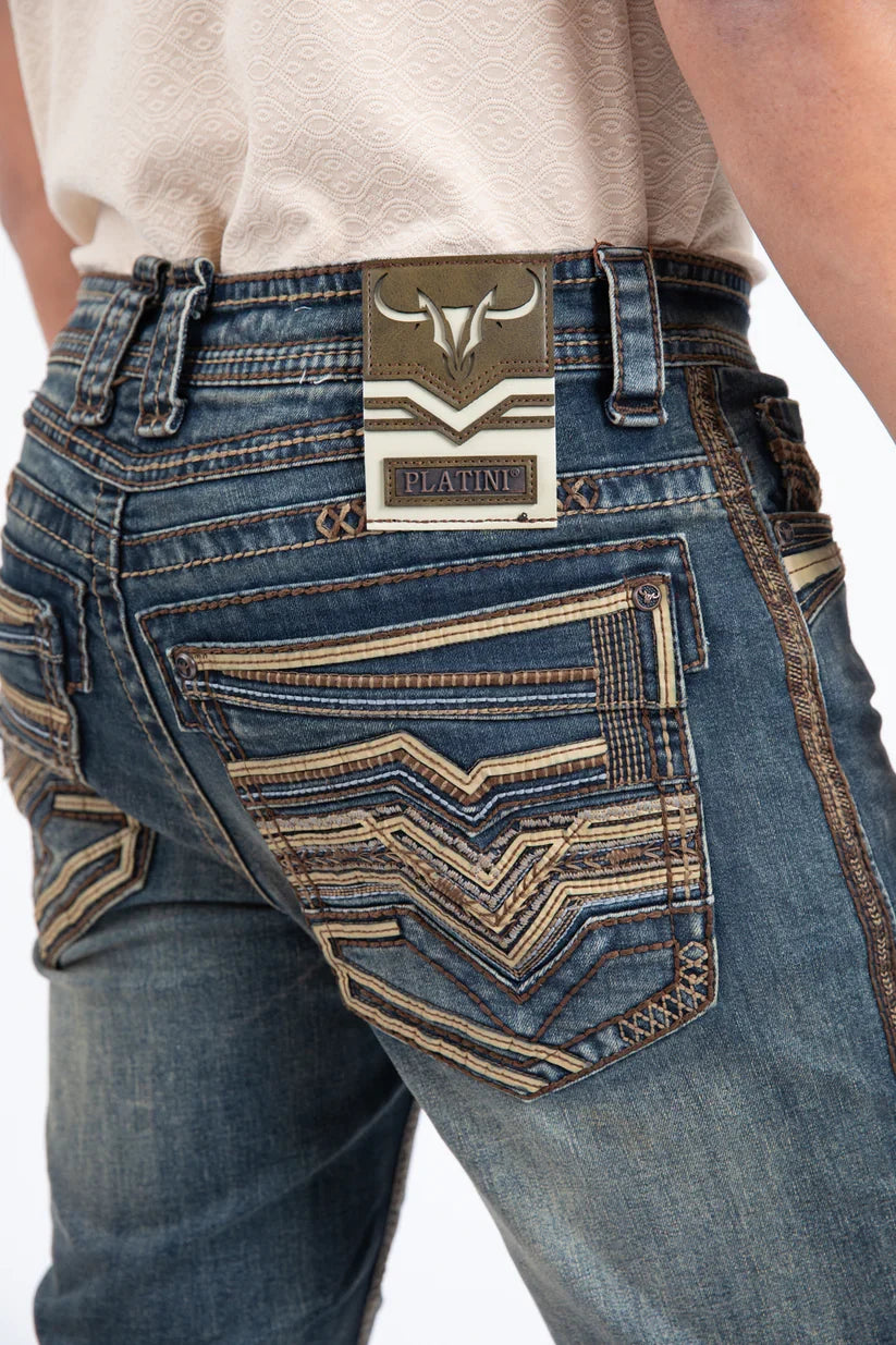 Platini Men  Dark Blue Embroided Boot Cut Jeans PHD11107