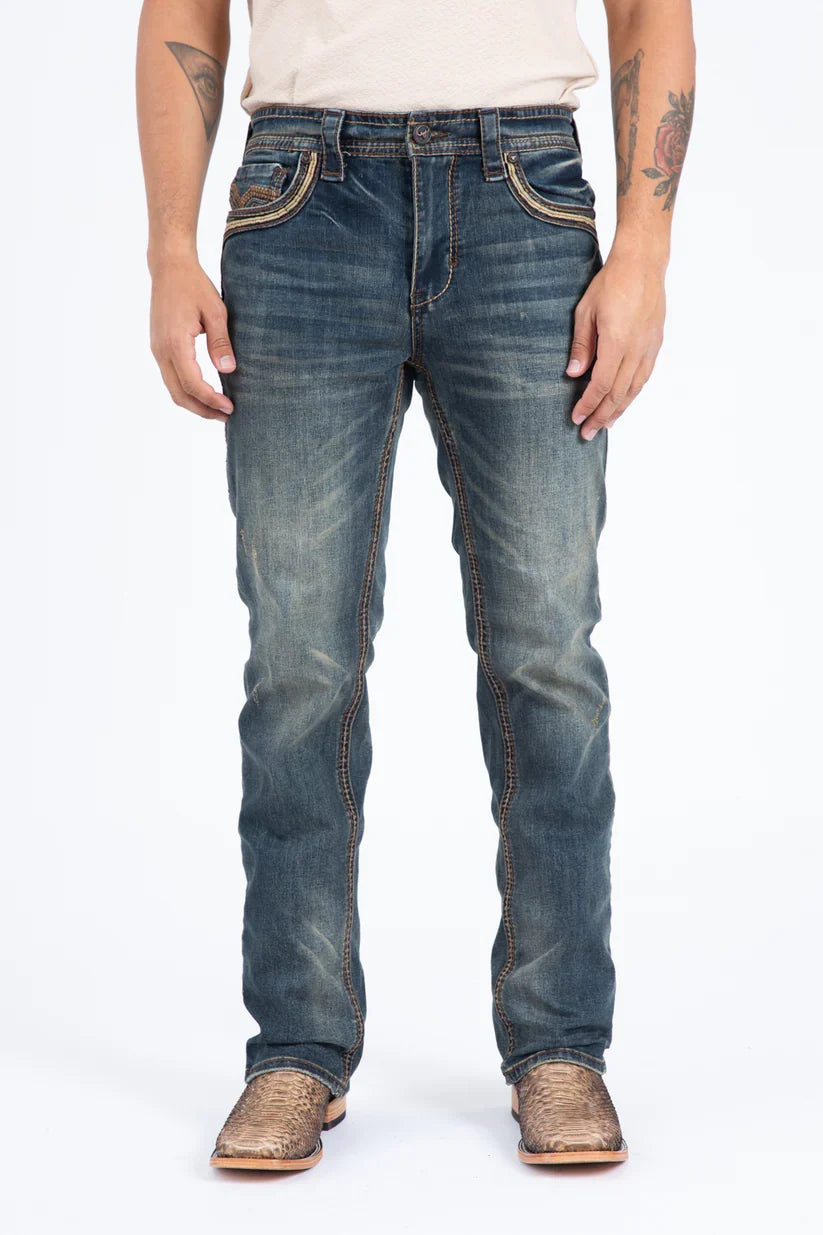 Platini Men  Dark Blue Embroided Boot Cut Jeans PHD11107