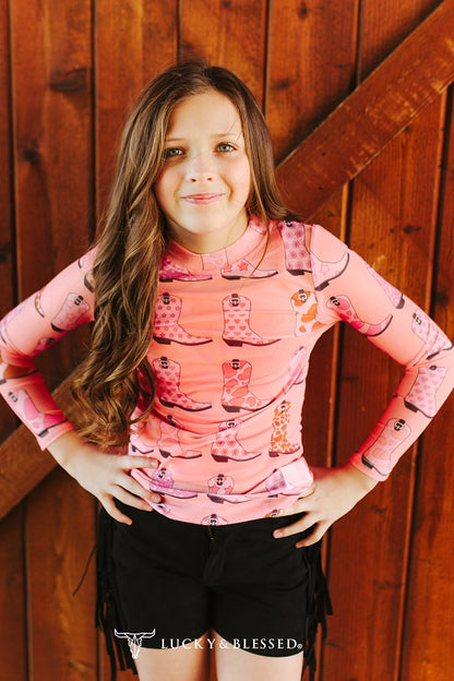 Lucky & Blessed Girls Pink Cowboy Boots Printed LS Mesh Top TO1073-G