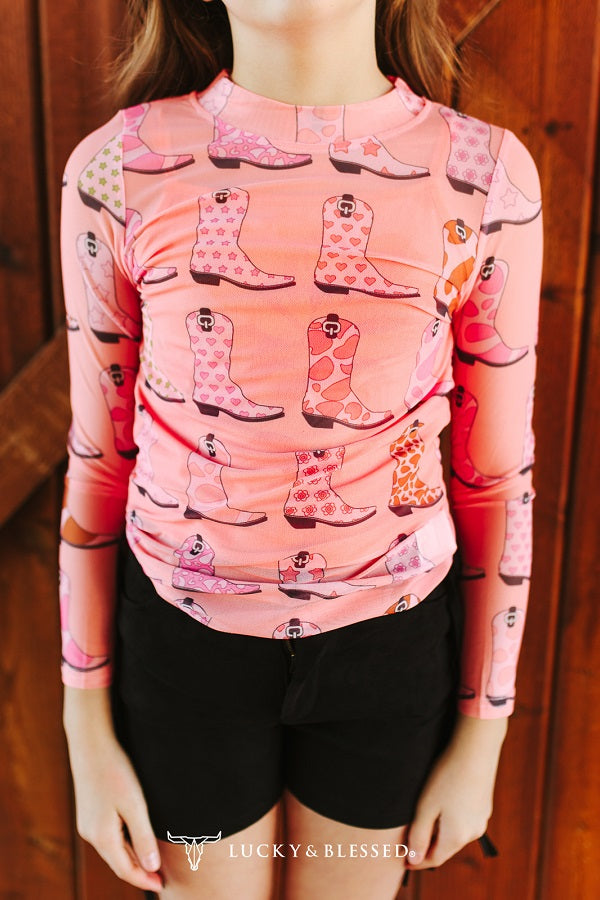 Lucky & Blessed Girls Pink Cowboy Boots Printed LS Mesh Top TO1073-G
