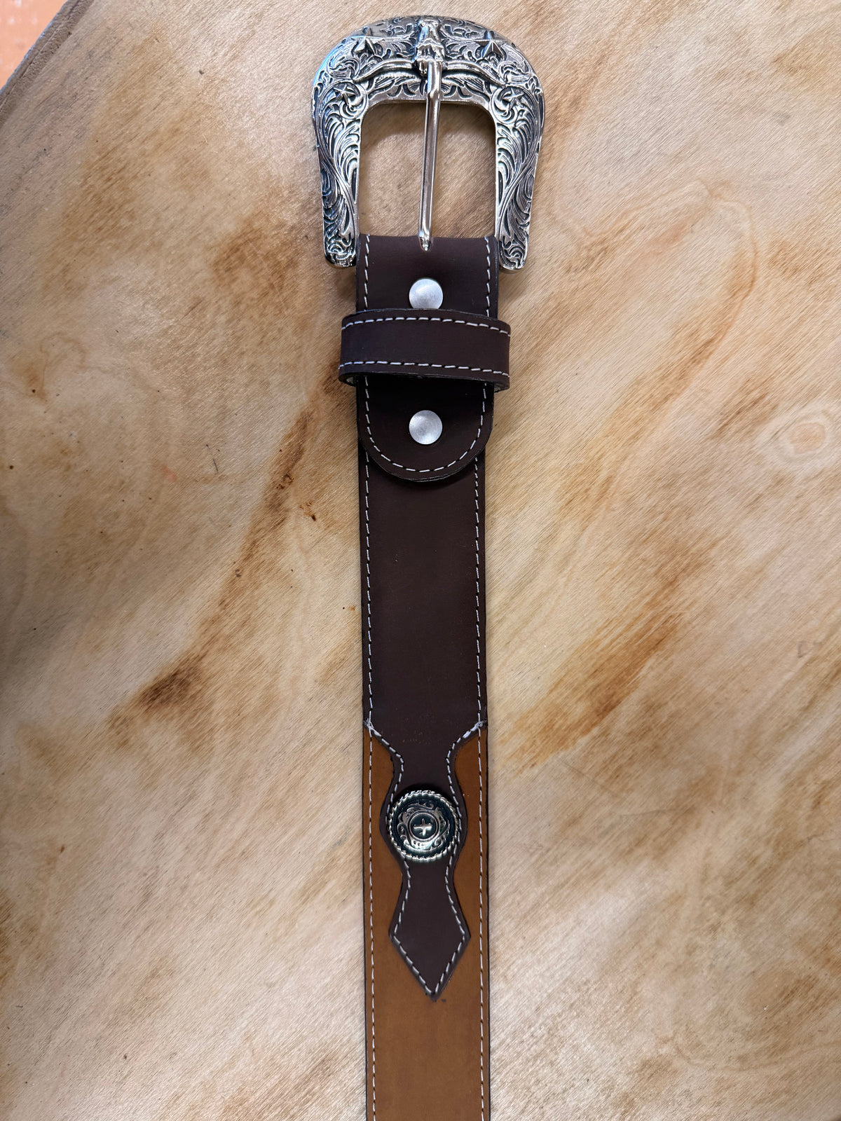 EHWW Men’s Two Tones Brown Cross Concho Leather Belt