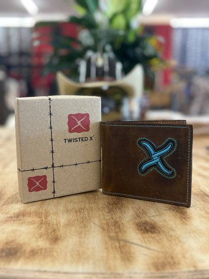 Twisted X Distressed Brown Blue Logo Bifold Wallet