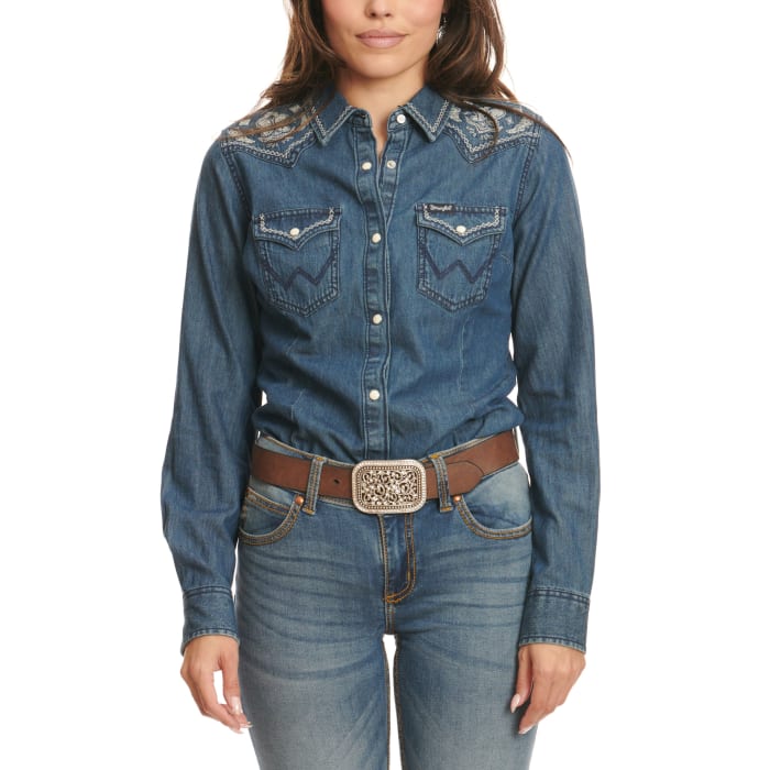 Wrangler Retro Women's Denim Blue with White Embroidery Long Sleeve Western Shirt