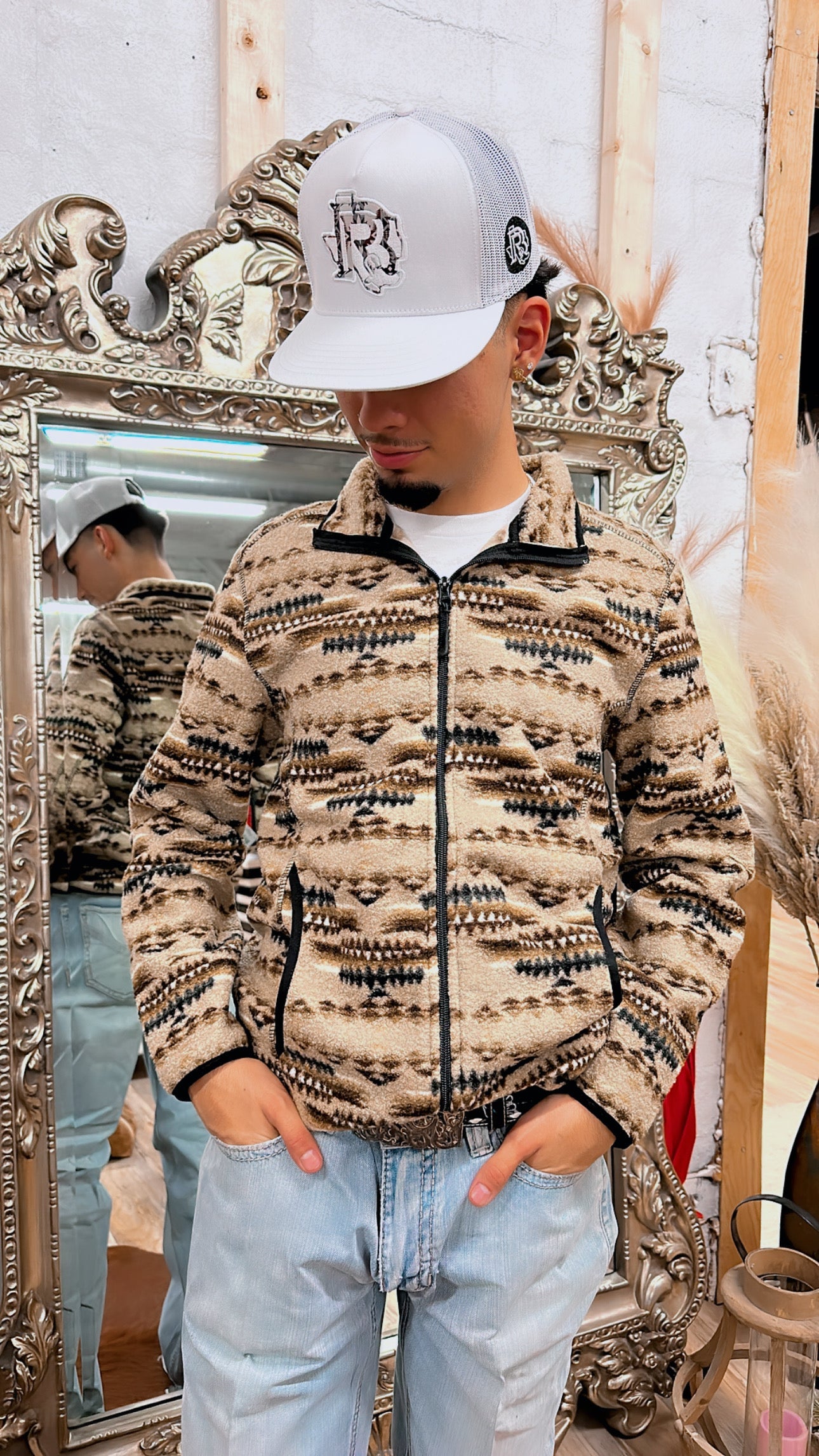 ROCK & ROLL MENS AZTEC FULL ZIP BROWN JACKET