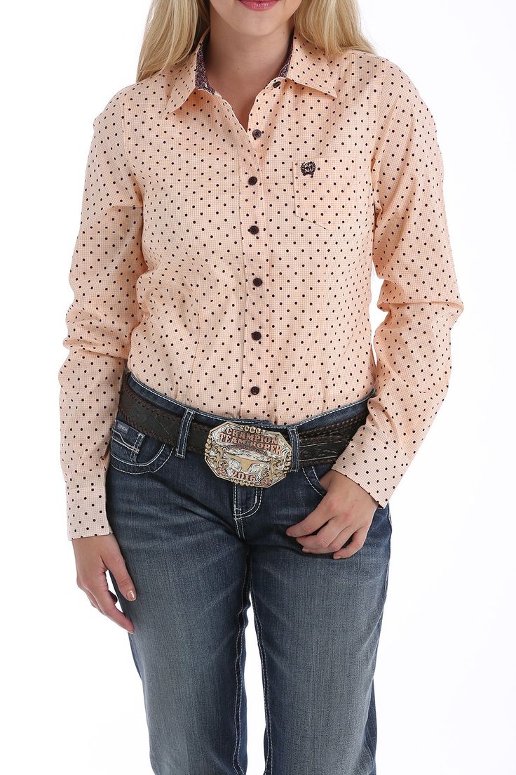 Women's Peach And Cranberry Dot Print Button-up Shirt
