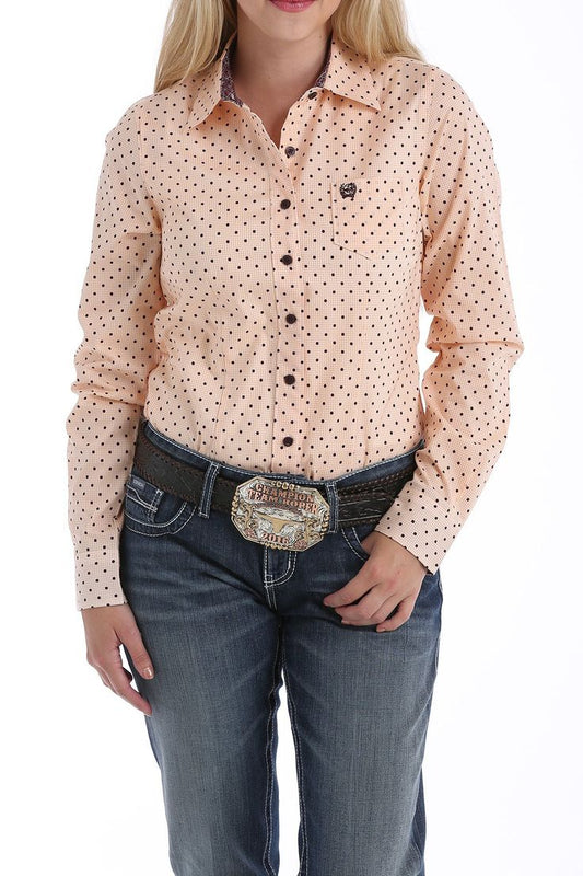 Women's Peach And Cranberry Dot Print Button-up Shirt