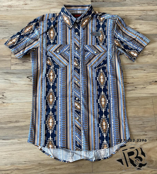 Mens Aztec woven snap blue shirt panhandle