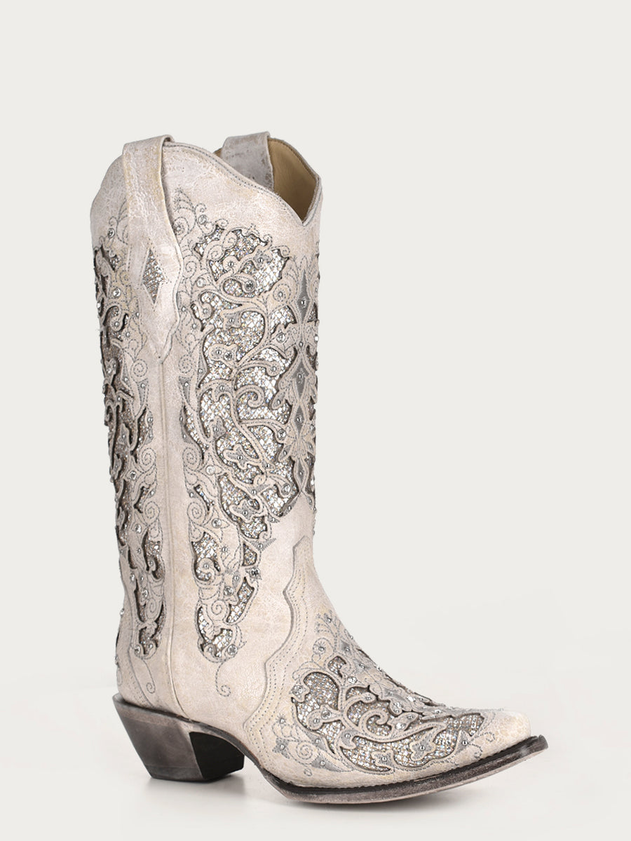 Martina White Women's Glitter Inlay Crystals Wedding Fashion Western Boots