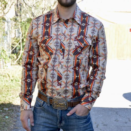 Rock & Roll: Slim Fit Aztec Rust Print LS Snap Shirt