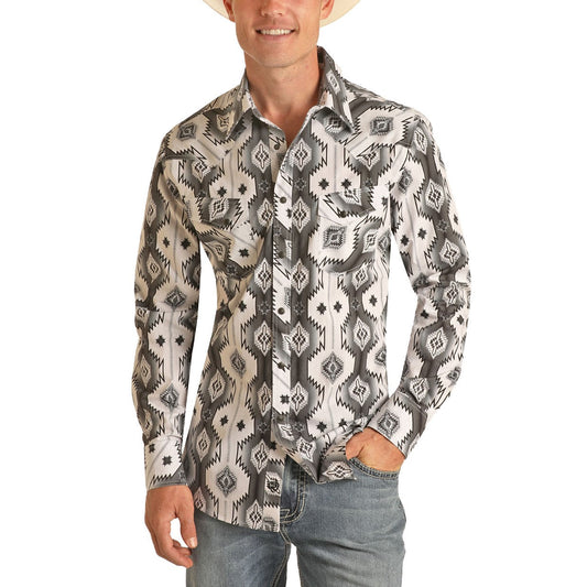 Rock & Roll Cowboy Men's Long Sleeve Aztec Print Black Snap Shirt