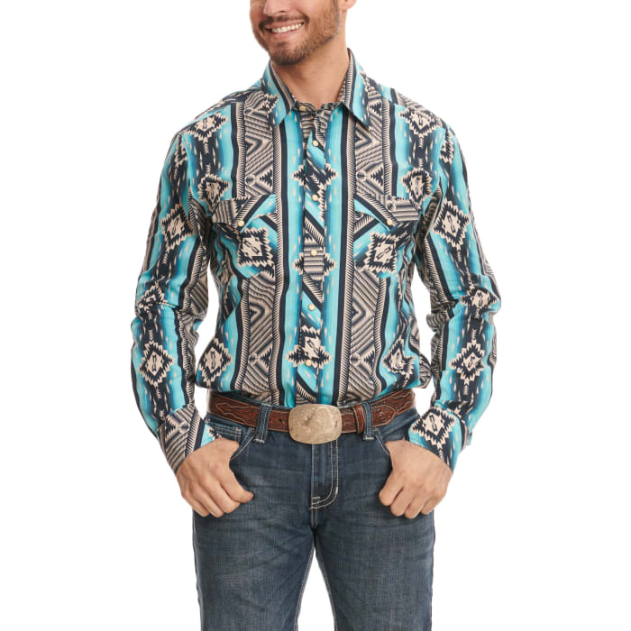Rock & Roll Denim Men's Navy & Turquoise Aztec Print Long Sleeve Western Shirt