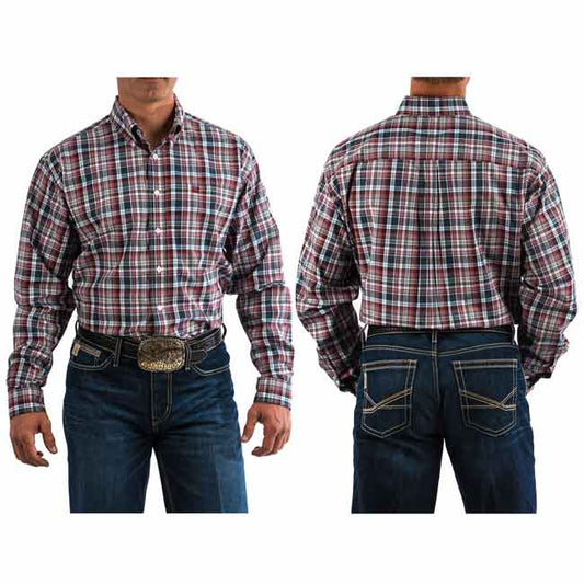 Cinch Plaid Button Down in Grey/Burgundy/Blue Plaid