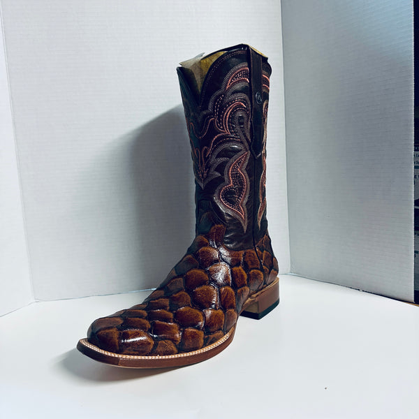 Tanner Mark Men's Print Monster Fish Square Toe Boots Cognac