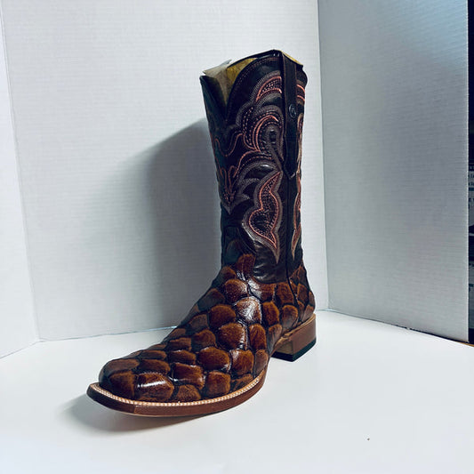 Tanner Mark Men's Print Monster Fish Square Toe Boots Cognac