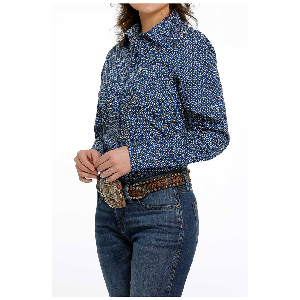 Cinch Women's Long Sleeve Button Shirt - Royal Blue and White Diamond Print