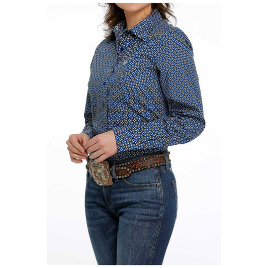 Cinch Women's Long Sleeve Button Shirt - Royal Blue and White Diamond Print