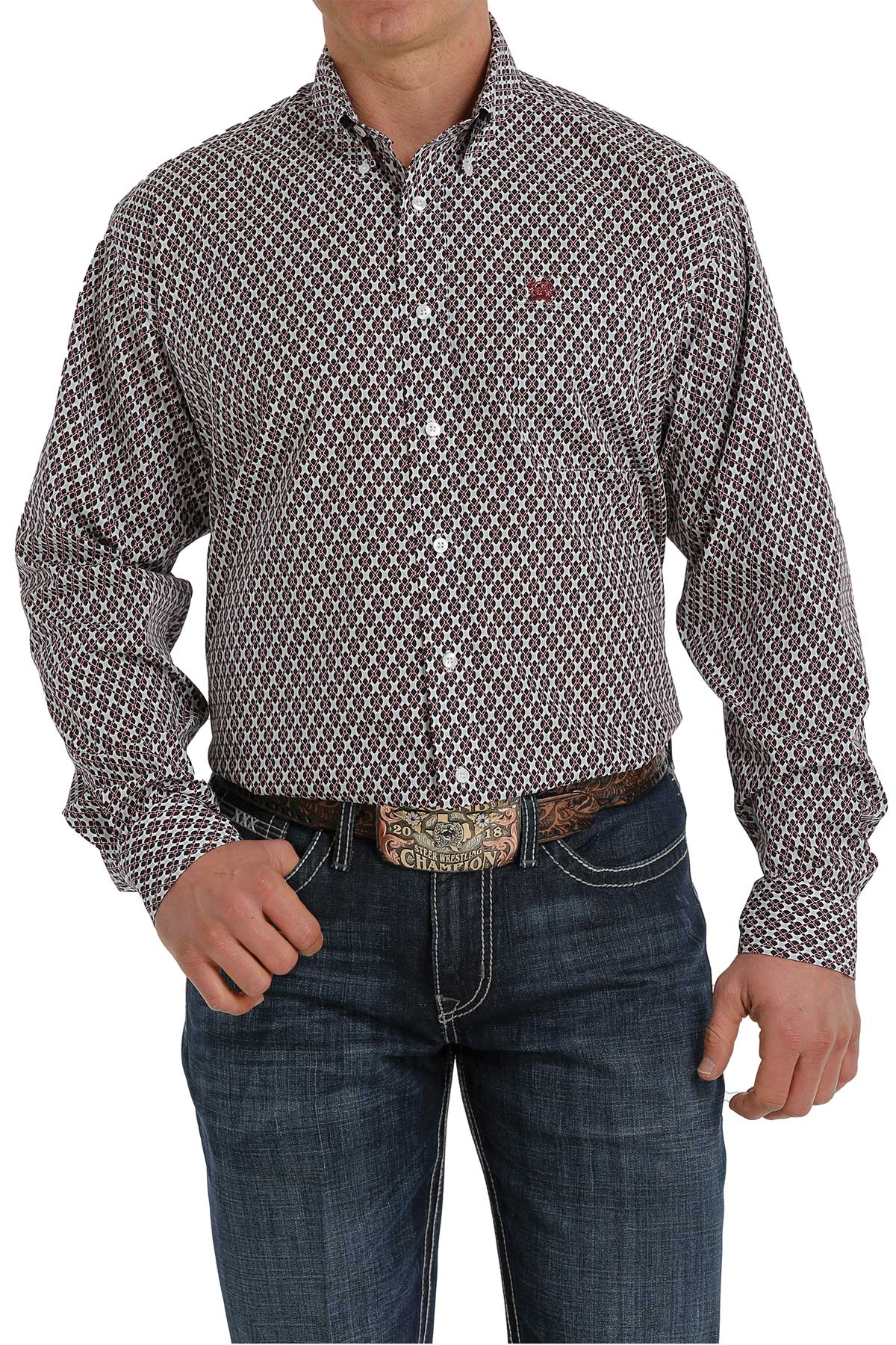 CINCH Men's White, Black and Red Geometric Print Button-Down Western Shirt