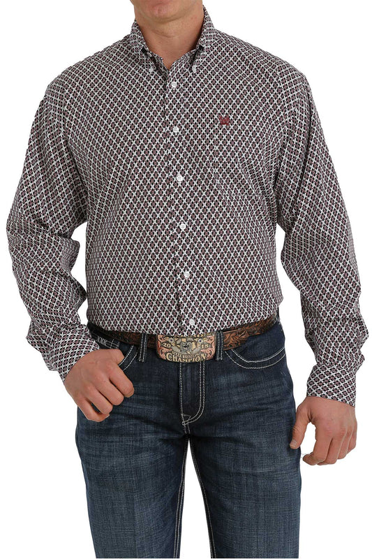 CINCH Men's White, Black and Red Geometric Print Button-Down Western Shirt