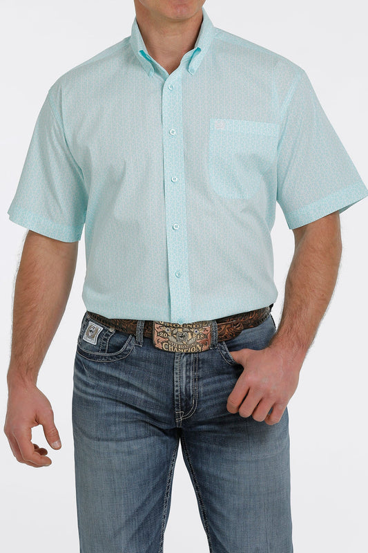 Cinch' Men's Geometric Print Short Sleeve Button Down - Light Blue