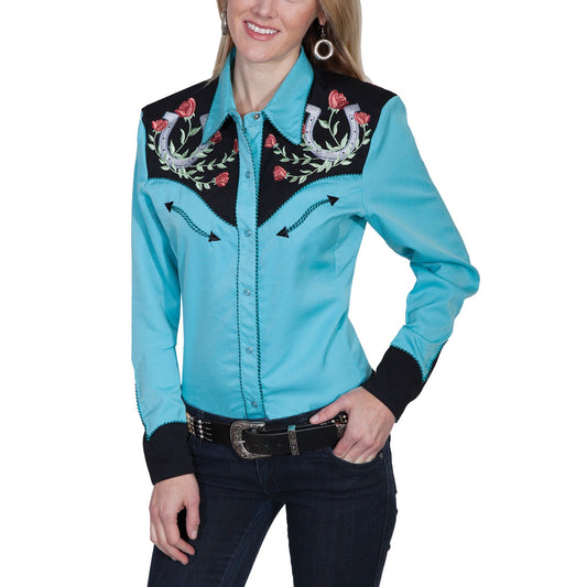 Scully Ladies Horseshoe Button Down Turquoise Shirt