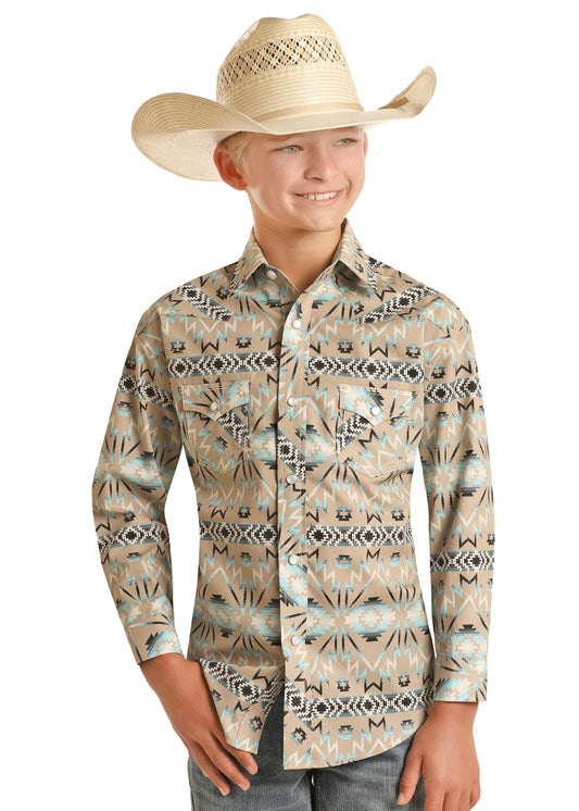 Rock & Roll Denim Boy's Aztec Vintage Long Sleeve Snap Shirt Teal