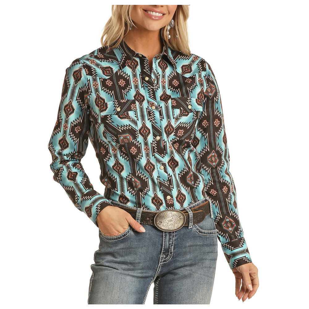 Rock & Roll Denim Women's Teal and Black Aztec Print Long Sleeve Western Snap Shirt