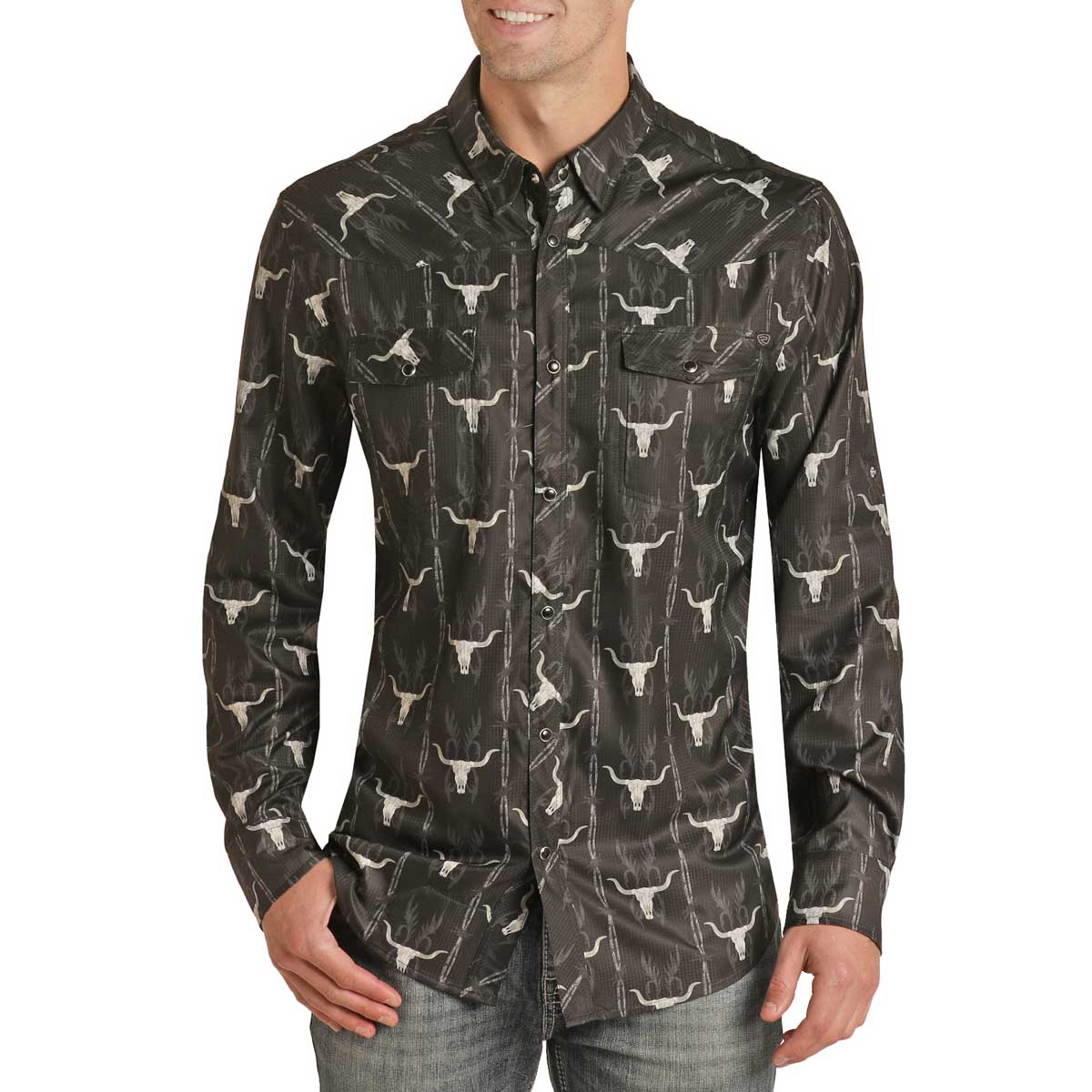 Rock & Roll Cowboy Men's Skull Stripe Ripstop Long Sleeve Shirt - S