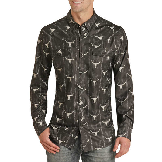 Rock & Roll Cowboy Men's Skull Stripe Ripstop Long Sleeve Shirt - S