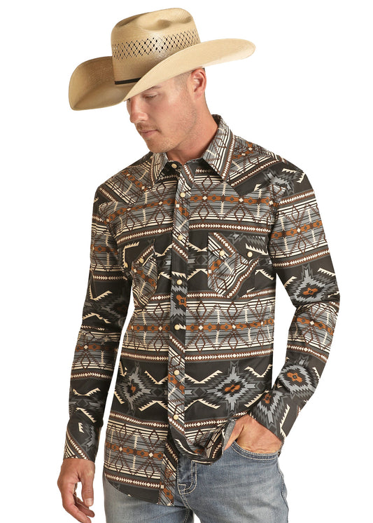 Men's Aztec Woven Snap Front - Charcoal