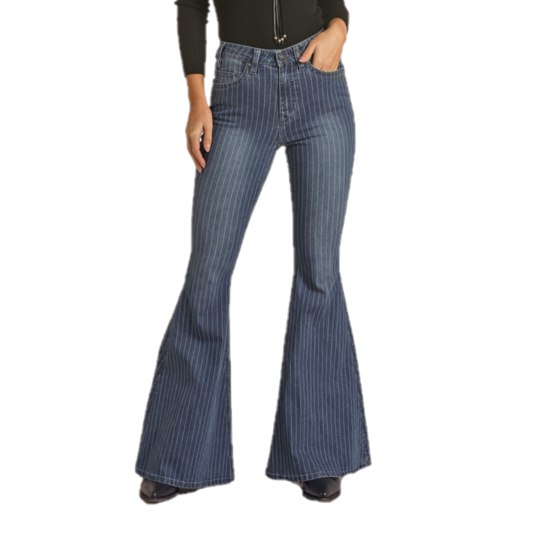Rock & Roll Denim Ladies Striped Medium Wash Bell Bottom Jeans