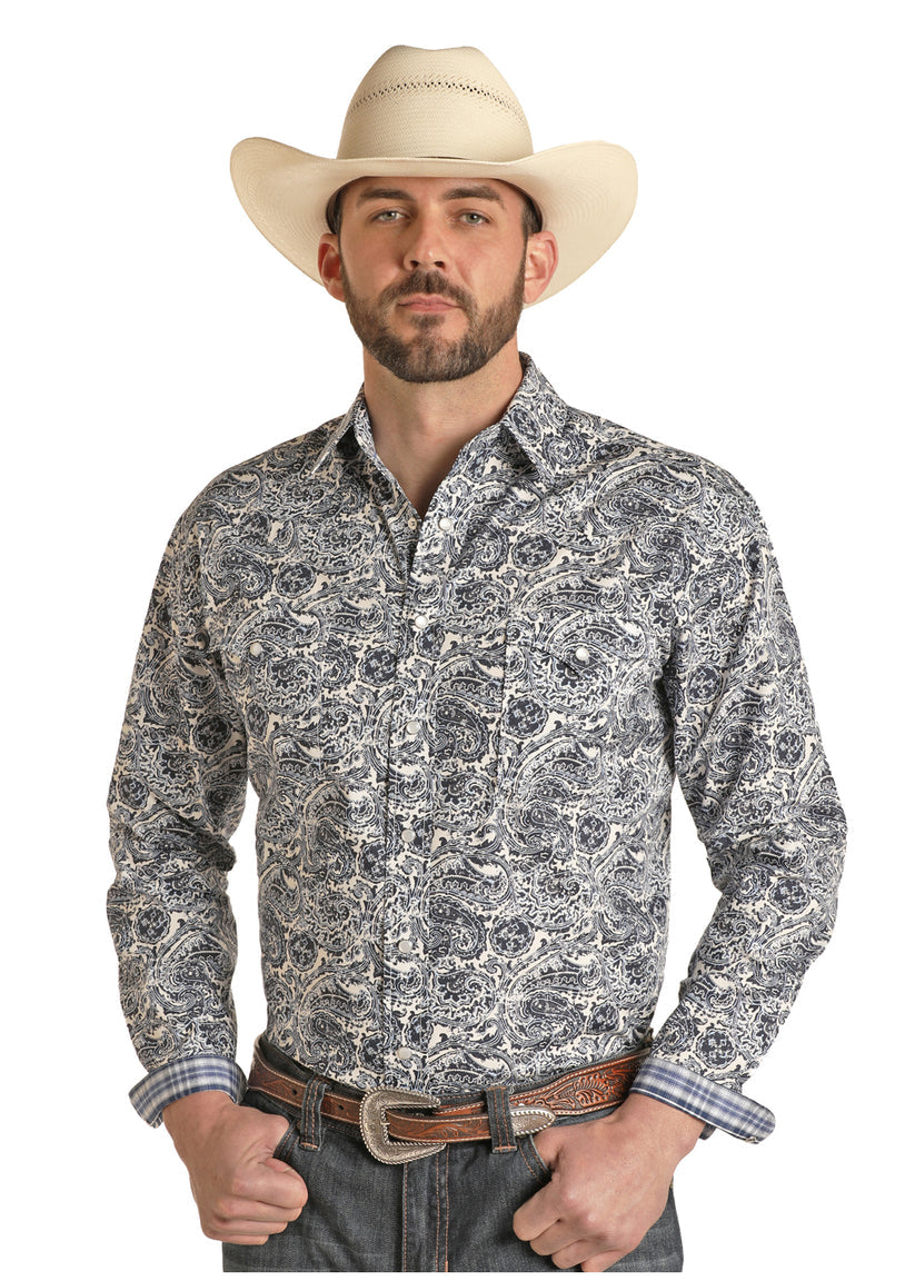 PANHANDLE ROUGH STOCK MEN'S BLUE PAISLEY LONG SLEEVE SHIRT