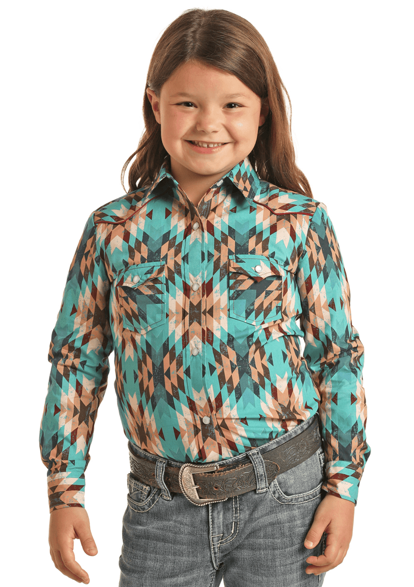 Rock & Roll Cowgirl Black Multi Aztec Print Snap Up Western Shirt