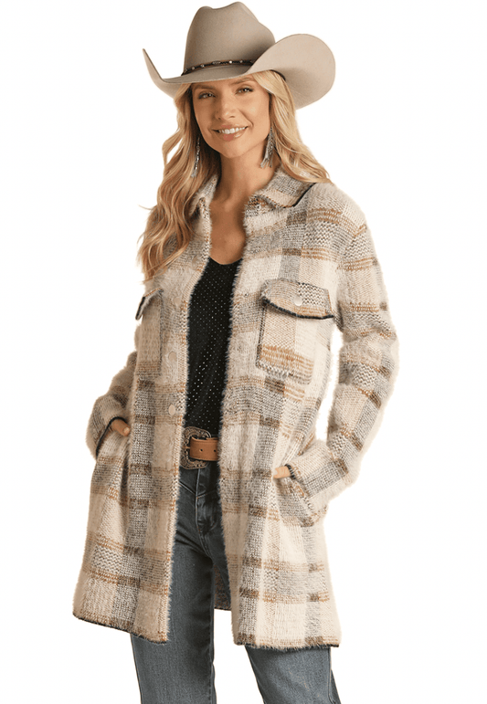 Rock & Roll Cowgirl Women's Cream Plaid Sweater Coat