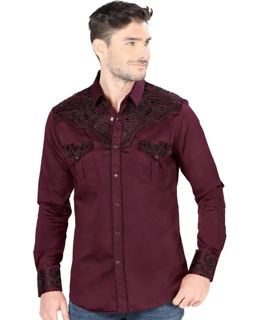 Camisa Vaquera Bordada para Hombre Lamasini Color Vino