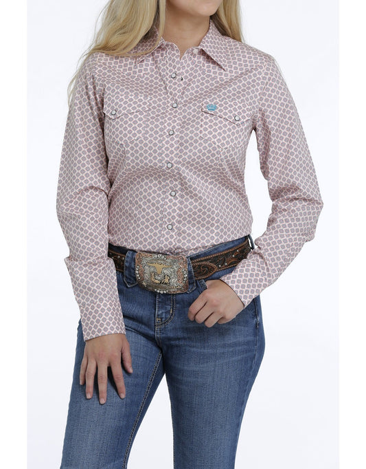 Cinch Ladies Peach, Red and Turquoise MSW9201022 Geometric Print Pearlsnap Shirt