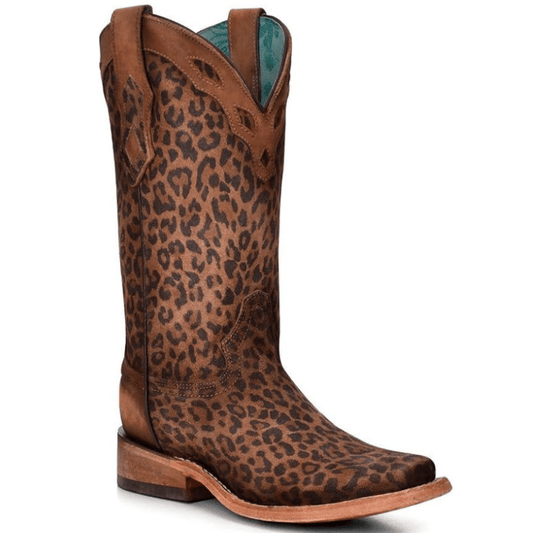 Women's Sanded Leopard Print Overlay Square Toe Western Boots