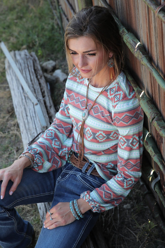 WOMEN'S SOUTHWESTERN PRINT LONG SLEEVE BLOUSE - RED / TURQUOISE