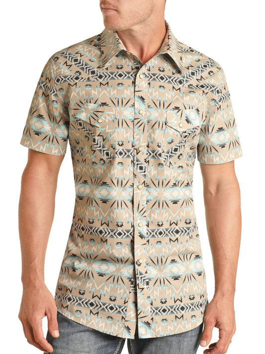SLIM FIT AZTEC PRINT SHORT SLEEVE SNAP SHIRT
