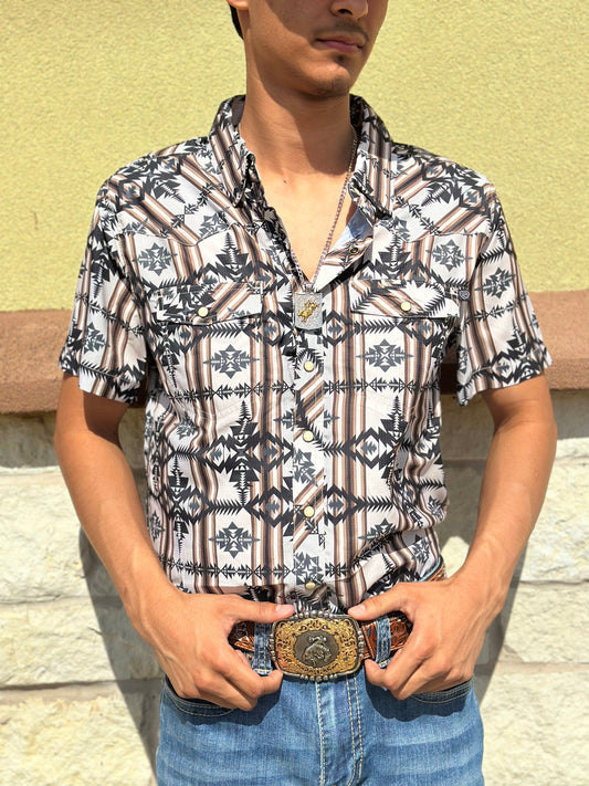 Mens short sleeve Aztec ripstop snap natural rock & roll shirt