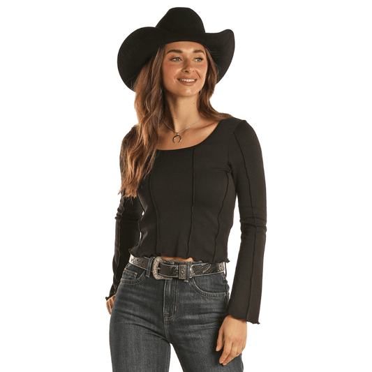 ROCK & ROLL COWGIRL WOMEN'S BLACK EXPOSED SEAM LONG SLEEVE CROP TOP