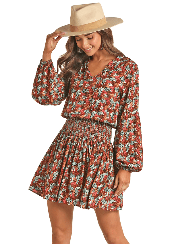 ROCK & ROLL COWGIRL WOMEN'S FLORAL PRINT SMOCKED WAIST MINI DRESS