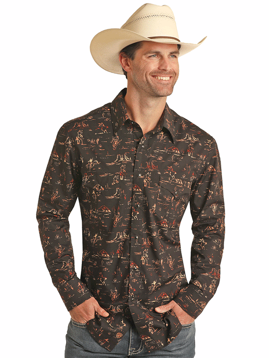 Rock & Roll Denim B2S3305 Mens Long Sleeve Snap Shirt Cowboy Print Black/Rust