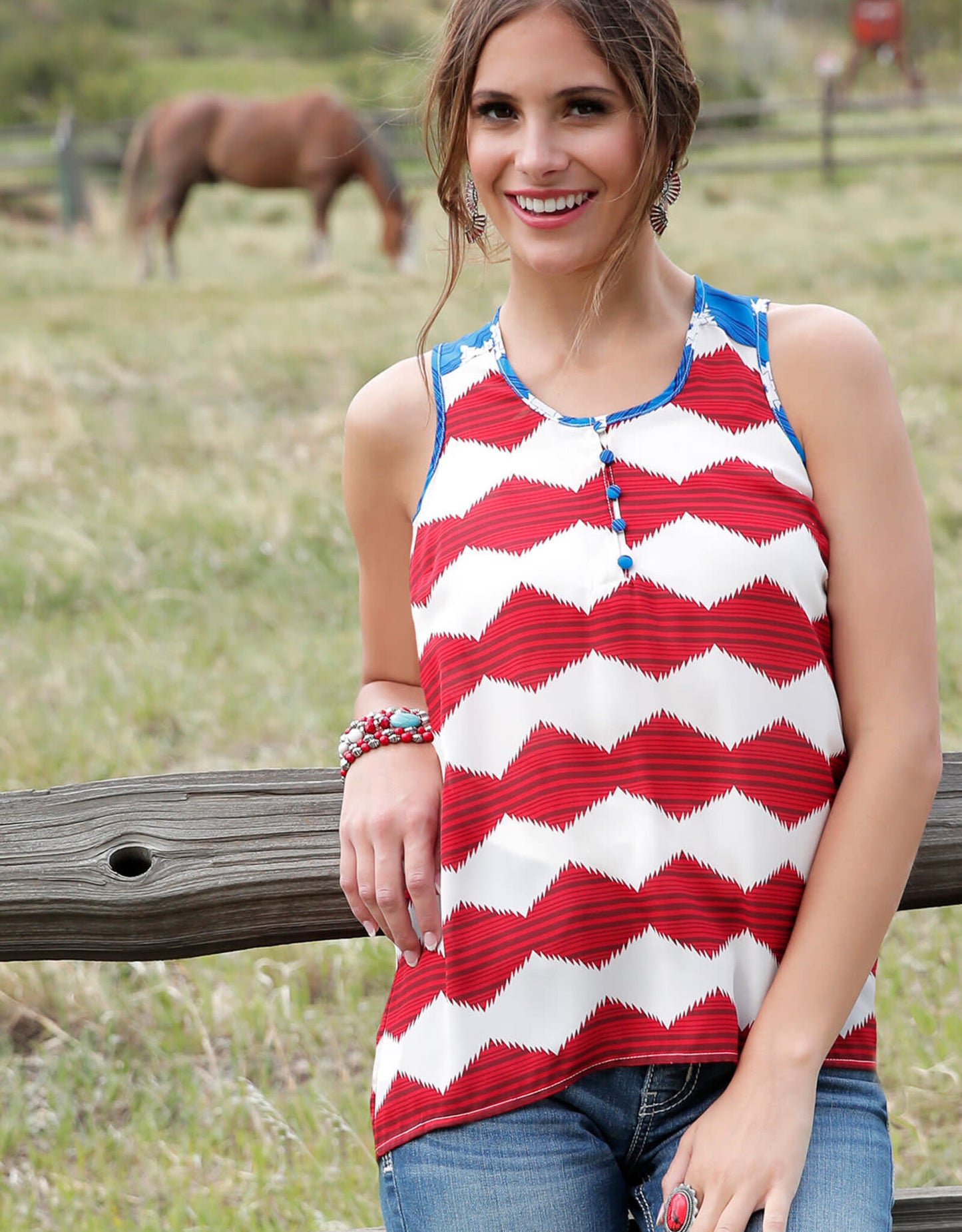 Womens Cruel Denim Red White Blue Western Tank Top