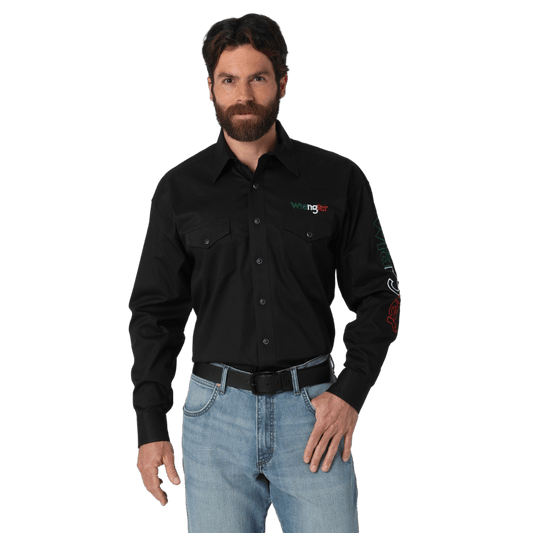 WRANGLER MEN'S MEXICO LOGO BLACK LONG SLEEVE WESTERN SNAP SHIRT