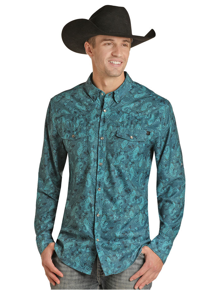 Rock & Roll Denim RRMSOSR09T Mens Paisley Ripstop Snap Shirt Peacock